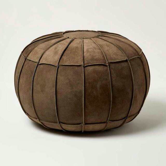 Rackhams Brown Leather & Suede Round Pouffe Footstool - Brown - image 1