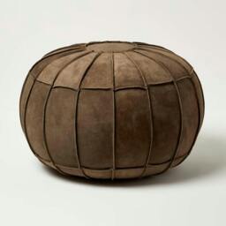 Rackhams Brown Leather & Suede Round Pouffe Footstool - Brown