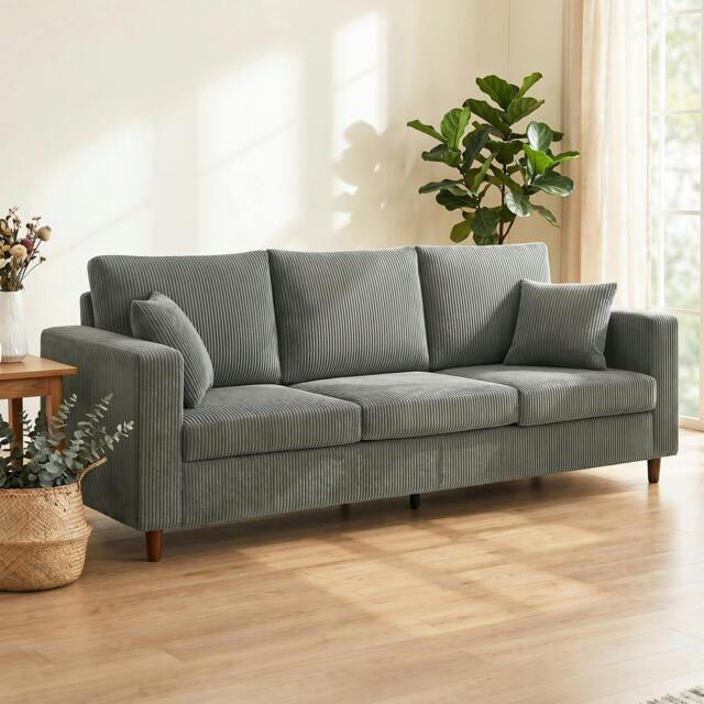 Rackhams 3 Seater Sofa with Wide Seat, Corduroy Upholstered, Light Grey - image 1