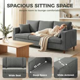 Rackhams 3 Seater Sofa with Wide Seat, Corduroy Upholstered, Light Grey - thumbnail 4