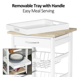 Rackhams Mobile Rolling Kitchen Island Trolley for Home w/ Metal Baskets Trays Shelves Wheels Compact Stylish Storage White - White - thumbnail 4