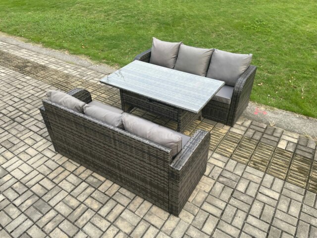 Rackhams Patio Rattan Garden Furniture Set with Oblong Rectangular Dining Table 6 Seater Outdoor 3 Seater Sofa Set Dark Grey Mixed - image 1