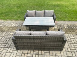 Rackhams Patio Rattan Garden Furniture Set with Oblong Rectangular Dining Table 6 Seater Outdoor 3 Seater Sofa Set Dark Grey Mixed - thumbnail 2