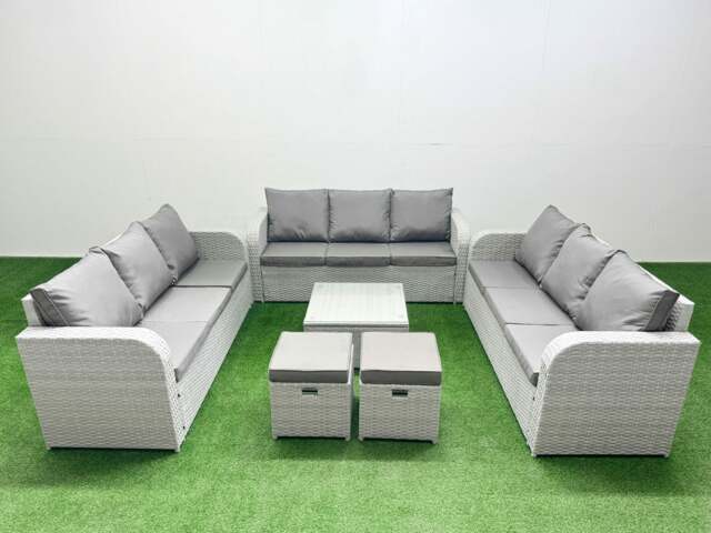 Rackhams PE Rattan Lounge Sofa Set 11 Seater Outdoor Garden Furniture Set with Square Coffee Table 3 Seater Sofa 2 Stools Light Grey - image 1