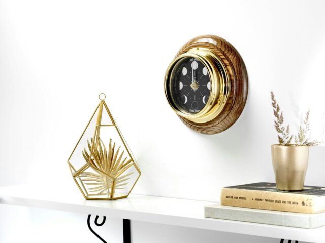 Rackhams Prestige Brass Moon Phase Clock With a Jet Black Dial Mounted on Solid English Dark Oak - image 1
