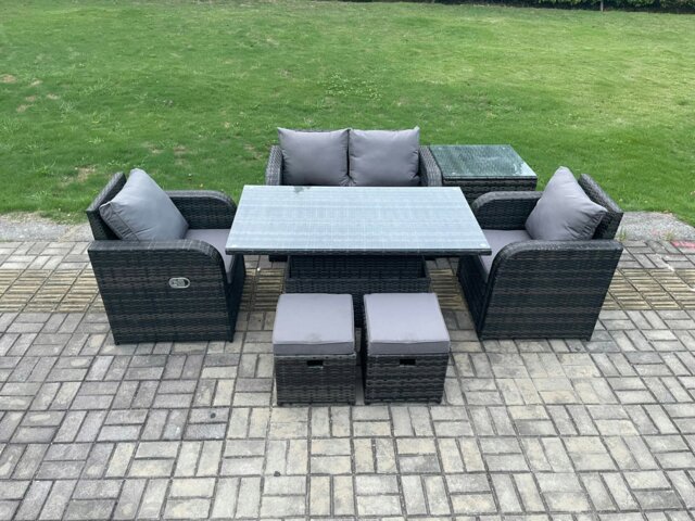 Rackhams Outdoor Rattan Garden Furniture Set Height Adjustable Rising lifting Dining Table Love Sofa Chair With Side Table Stools - image 1