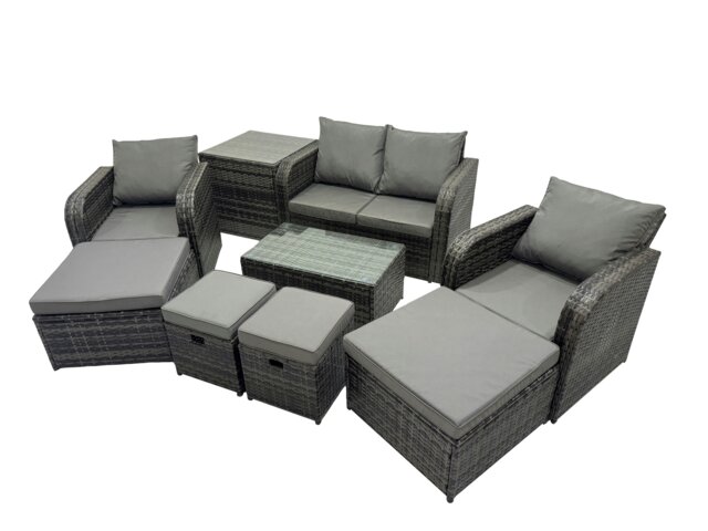 Rackhams Outdoor Love Sofa Reclining Chair Coffee Table Set Garden Rattan Furniture Set 8 Seater with 4 Stools Side Table Dark Grey - image 1