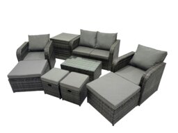 Rackhams Outdoor Love Sofa Reclining Chair Coffee Table Set Garden Rattan Furniture Set 8 Seater with 4 Stools Side Table Dark Grey - thumbnail 1