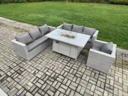 Rackhams 7 Seater Outdoor Garden Dining Sets Rattan Furniture Gas Fire Pit Dining Table Gas Heater with Armchair Light Grey - thumbnail 1