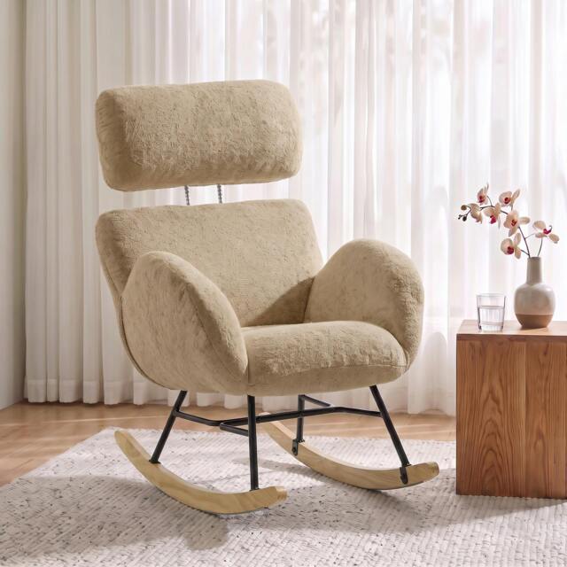 Rackhams Rocking Chair with Adjustable Headrest Velvet Upholstery Light Brown - image 1