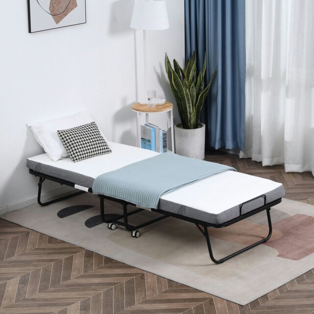 Rackhams Folding Bed with 10cm Mattress, Portable Foldable Guest Bed with Wheels - image 1