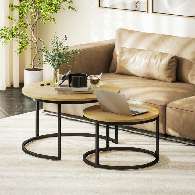 Rackhams 2 Pcs Stacking Coffee Table Set with Steel Frame, Natural - Natural - Natural wood - Wood-effect - image 1