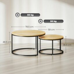 Rackhams 2 Pcs Stacking Coffee Table Set with Steel Frame, Natural - Natural - Natural wood - Wood-effect - thumbnail 3