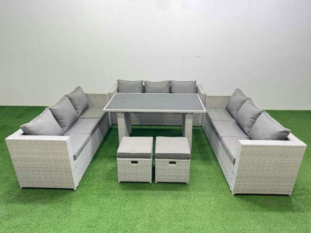 Rackhams Patio Outdoor Garden Furniture Sets with Black Glass Top Dining Table 3 Seater Sofa 2 Small Stool Light Grey - image 1