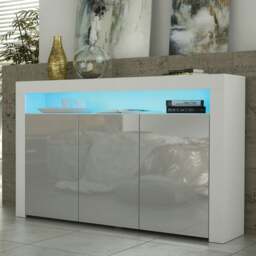 Rackhams 155cm Sideboard TV Stand Cupboard Cabinet – Grey High Gloss Doors with Free LED - 155cm  - White Matt Body & Grey Gloss Doors - 1