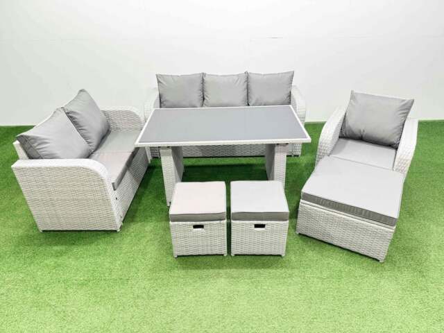 Rackhams Rattan Outdoor Table Reclining Chair Sofa Set with 3 Stools Light Grey 9 Seater - image 1