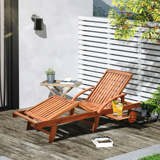 Rackhams Wood Sun Bed Lounger Chaise Back Footrest Patio Furniture w/ Wheels - image 1