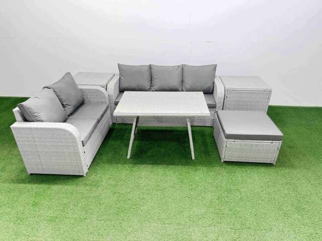Rackhams Outdoor PE Rattan Garden Furniture Set Rectangular Dining Table Sofa Set with Big Stool 2 Side Tables Light Grey - image 1