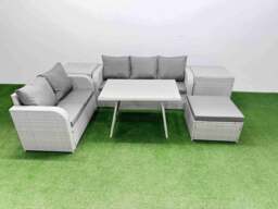 Rackhams Outdoor PE Rattan Garden Furniture Set Rectangular Dining Table Sofa Set with Big Stool 2 Side Tables Light Grey - thumbnail 1