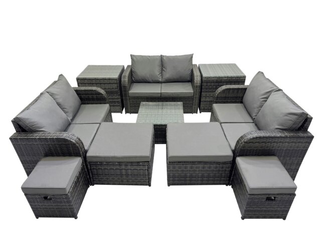 Rackhams Rattan Garden Outdoor Furniture Set Love Sofa Square Coffee Table Set with 4 Stools 2 Side Tables Dark Grey Mixed - image 1