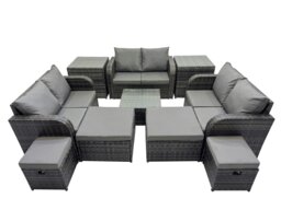 Rackhams Rattan Garden Outdoor Furniture Set Love Sofa Square Coffee Table Set with 4 Stools 2 Side Tables Dark Grey Mixed - thumbnail 1
