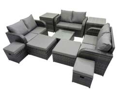 Rackhams Rattan Garden Outdoor Furniture Set Love Sofa Square Coffee Table Set with 4 Stools 2 Side Tables Dark Grey Mixed - thumbnail 2