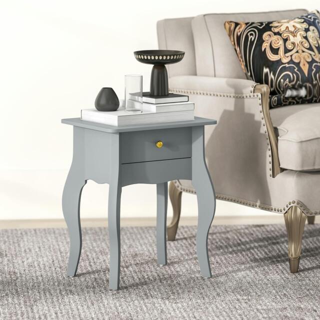 Rackhams End Table French Style Small Table with Drawer and Curved Legs, Grey - 45W x 35D cm - MDF - Side table - image 1