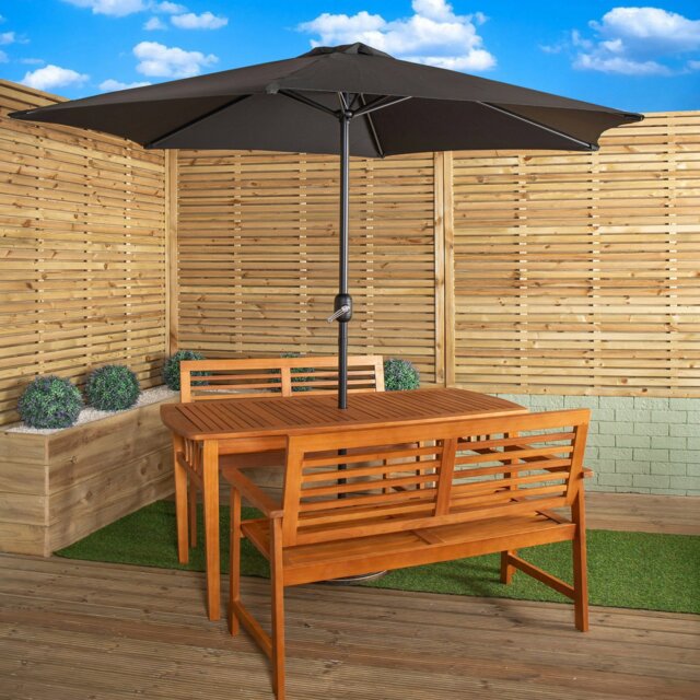 Rackhams Outdoor 4 Person Rectangular Wooden Garden Table, 2 Benches with Black Havana Parasol & Base - Outdoor Furniture Sets - image 1