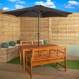 Rackhams Outdoor 4 Person Rectangular Wooden Garden Table, 2 Benches with Black Havana Parasol & Base - Outdoor Furniture Sets - thumbnail 1