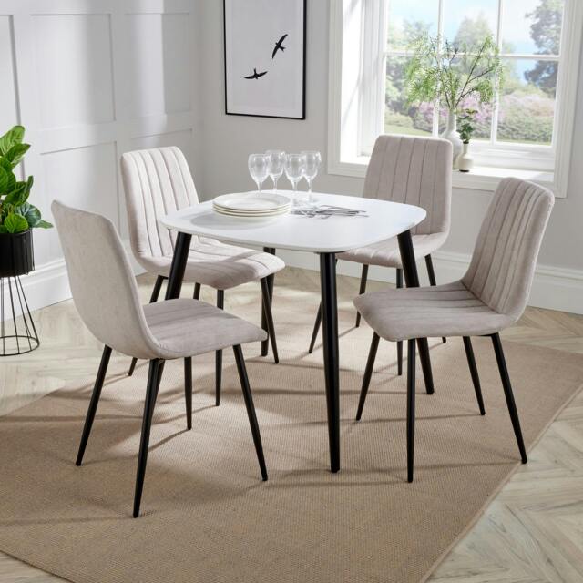 Rackhams Aspen Dining Set - White Square Table & 4 Upholstered Straight Stitch Dining Chairs - Natural - image 1