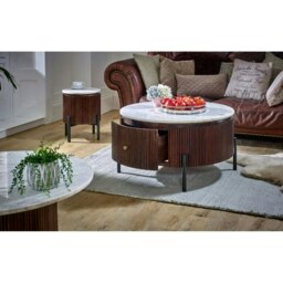 Rackhams Miel Mango Wood Round Fluted Coffee Table With Marble Top and Metal Legs - thumbnail 4