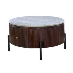 Rackhams Miel Mango Wood Round Fluted Coffee Table With Marble Top and Metal Legs