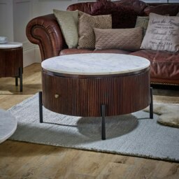 Rackhams Miel Mango Wood Round Fluted Coffee Table With Marble Top and Metal Legs - thumbnail 2