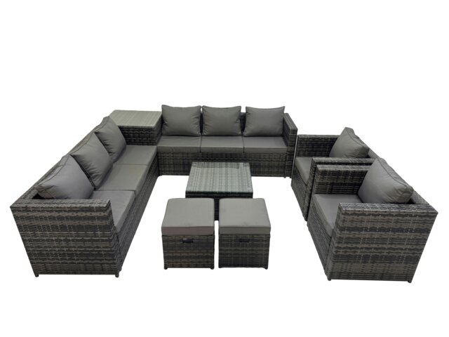 Rackhams Garden Rattan Outdoor Furniture Set 10 Seater Patio Corner Sofa Coffee Table with 2 Small Stool Side Table Dark Grey - image 1