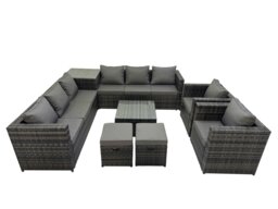 Rackhams Garden Rattan Outdoor Furniture Set 10 Seater Patio Corner Sofa Coffee Table with 2 Small Stool Side Table Dark Grey - thumbnail 1