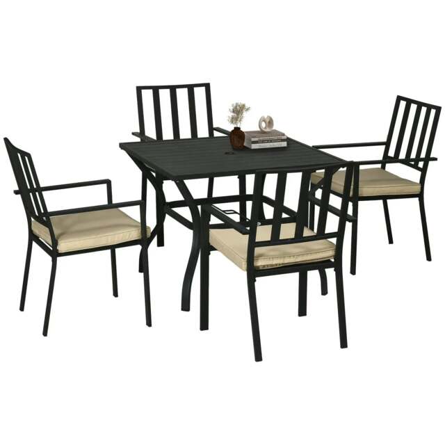Rackhams 5 Pieces Garden Dining Set with Cushions, Outdoor Patio Table and 4 Stackable Chairs, Metal Top Table with Umbrella Hole, Black - image 1