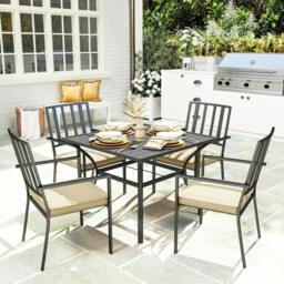 Rackhams 5 Pieces Garden Dining Set with Cushions, Outdoor Patio Table and 4 Stackable Chairs, Metal Top Table with Umbrella Hole, Black - thumbnail 2