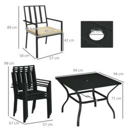 Rackhams 5 Pieces Garden Dining Set with Cushions, Outdoor Patio Table and 4 Stackable Chairs, Metal Top Table with Umbrella Hole, Black - thumbnail 3