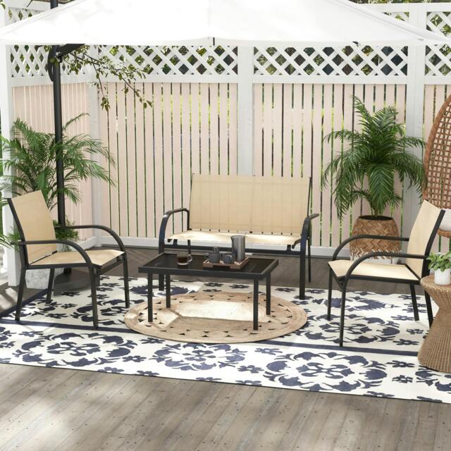 Rackhams 4pcs Patio Furniture Set Garden Sofa Glass Top Coffee Table Beige - Beige - Steel Frame, Sling Mesh Fabric - 108cmx 62cmx80cm - image 1