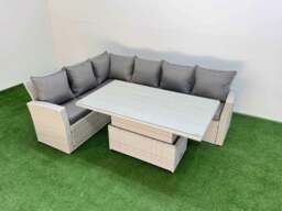 Rackhams 6 Seat Rattan Outdoor Garden Furniture Corner Sofa Set Adjustable Lifting Dining or Coffee Table Set Light Grey - thumbnail 1