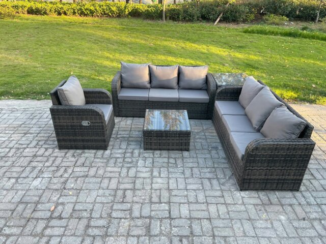 Rackhams Outdoor Rattan Garden Furniture Set Conservatory Patio Sofa Coffee Table With Reclining Chair Side Table Dark Grey Mixed - image 1