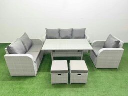 Rackhams 8 Seater Rattan Outdoor Sofa Set - Light Grey PE Wicker with Rectangular Dining Table, Reclining Chair, Loveseat & 3-Seater Sofa - thumbnail 1