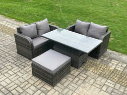 Rackhams Outdoor Rattan Furniture Garden Dining Set Height Adjustable Rising lifting Table Love Sofa Set With Big Footstool Dark Grey Mixed - thumbnail 1