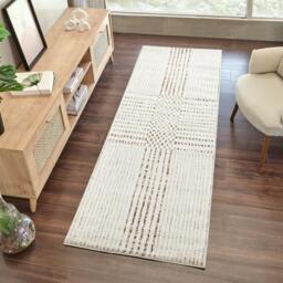 Rackhams Galey Alix Architect-Modern Ivory Brown Graphic High Pile Rug - 80 x 220 cm