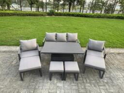 Rackhams Aluminium Garden Furniture Sets 9 Seater Outdoor Sofa Set with Adjustable Rising Dining Table 2 Chairs 4 Footstools - Dark Grey - thumbnail 1