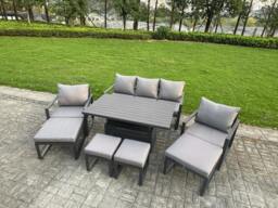 Rackhams Aluminium Garden Furniture Sets 9 Seater Outdoor Sofa Set with Adjustable Rising Dining Table 2 Chairs 4 Footstools - Dark Grey - thumbnail 2