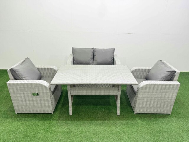 Rackhams Light Grey PE Wicker Rattan Garden Furniture Set Sofa Set Reclining Chair Rectangular Dining Table 4 Seater - image 1