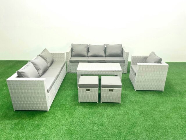 Rackhams Wicker PE Rattan Sofa Garden Furniture Set with Oblong Coffee Table Armchair 2 Small Footstools Light Grey Mixed - image 1