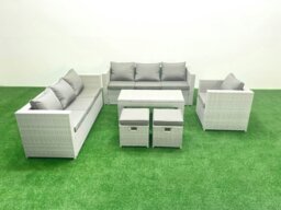 Rackhams Wicker PE Rattan Sofa Garden Furniture Set with Oblong Coffee Table Armchair 2 Small Footstools Light Grey Mixed - thumbnail 2