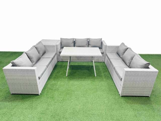Rackhams 9 Seat Outdoor Patio PE Rattan Garden Furniture with Cushions 3 Seater Sofa Side Table Light Grey - image 1